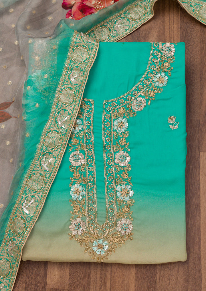 Sea Green Multi Tissue Gold Zariwork Unstitched Dress Material With Matching Bottom And Dupatta