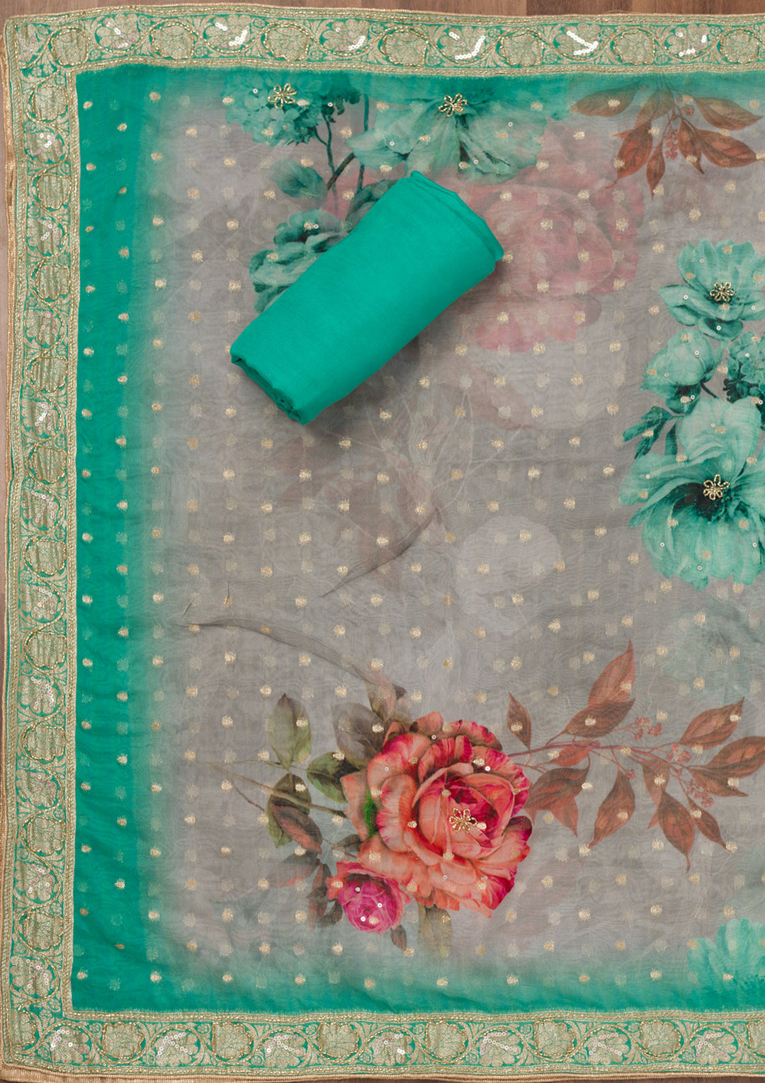 Sea Green Multi Tissue Gold Zariwork Unstitched Dress Material With Matching Bottom And Dupatta