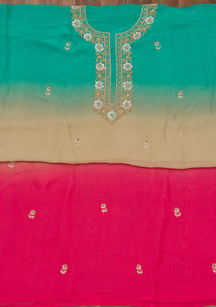 Sea Green Multi Tissue Gold Zariwork Unstitched Dress Material With Matching Bottom And Dupatta