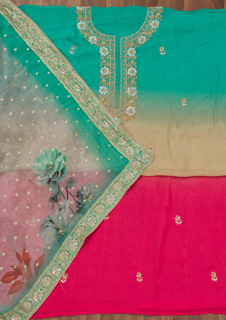Sea Green Multi Tissue Gold Zariwork Unstitched Dress Material With Matching Bottom And Dupatta