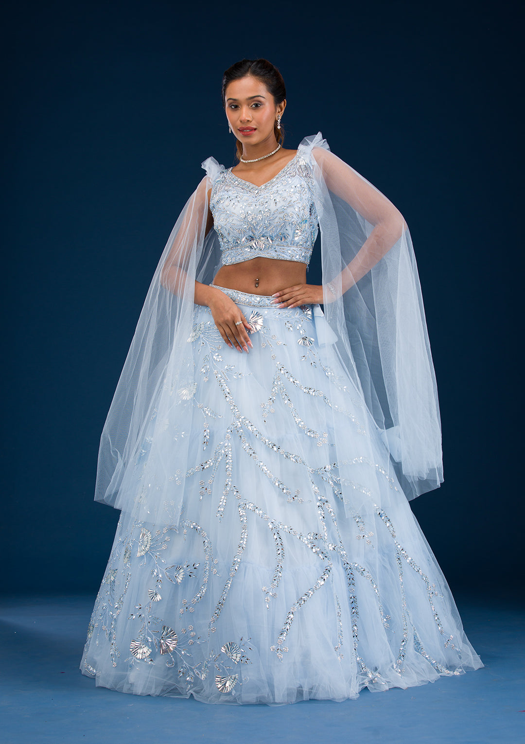Koskii Net Silver Lehenga – Elegance Unveiled