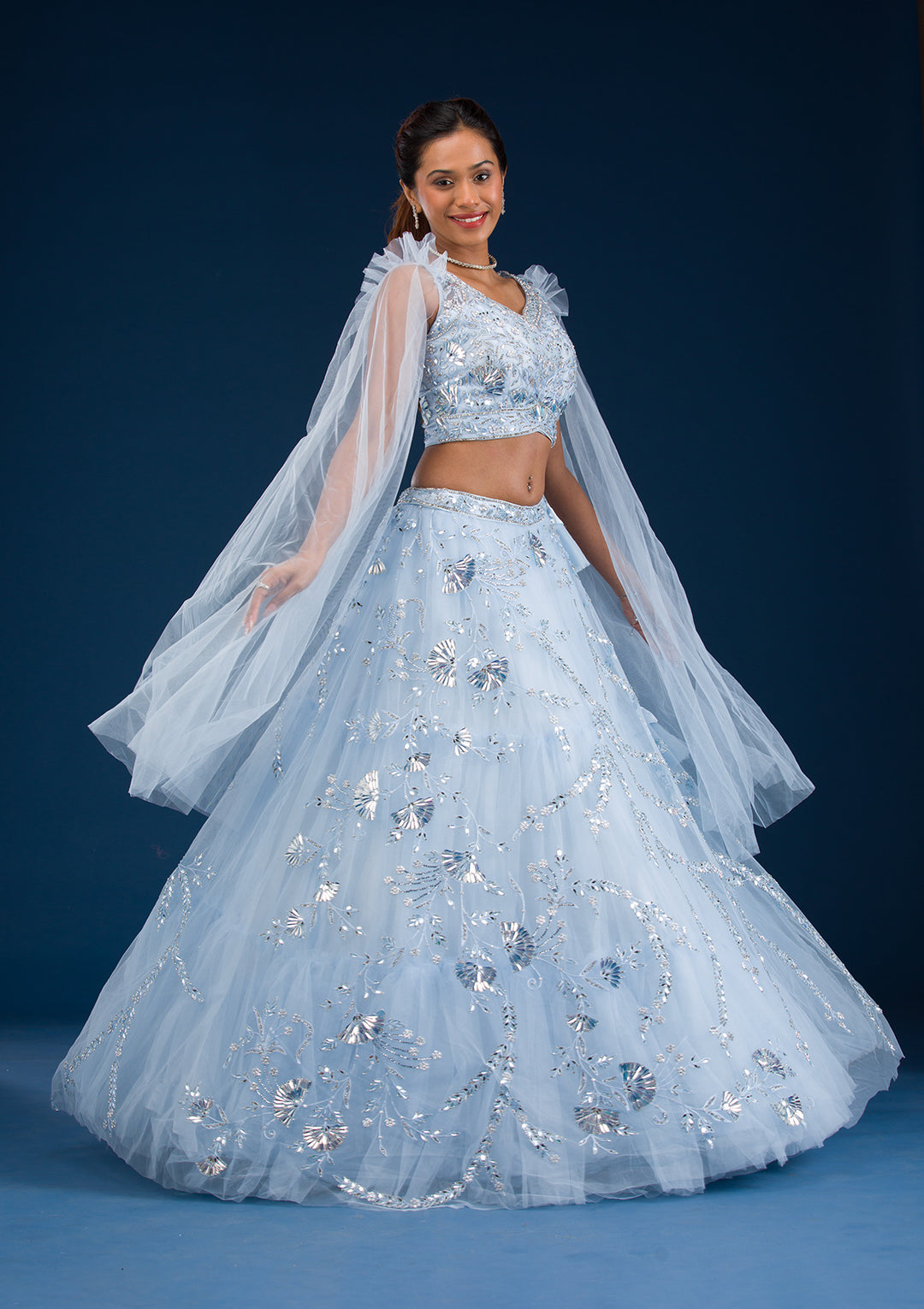 Koskii Net Silver Lehenga – Elegance Unveiled