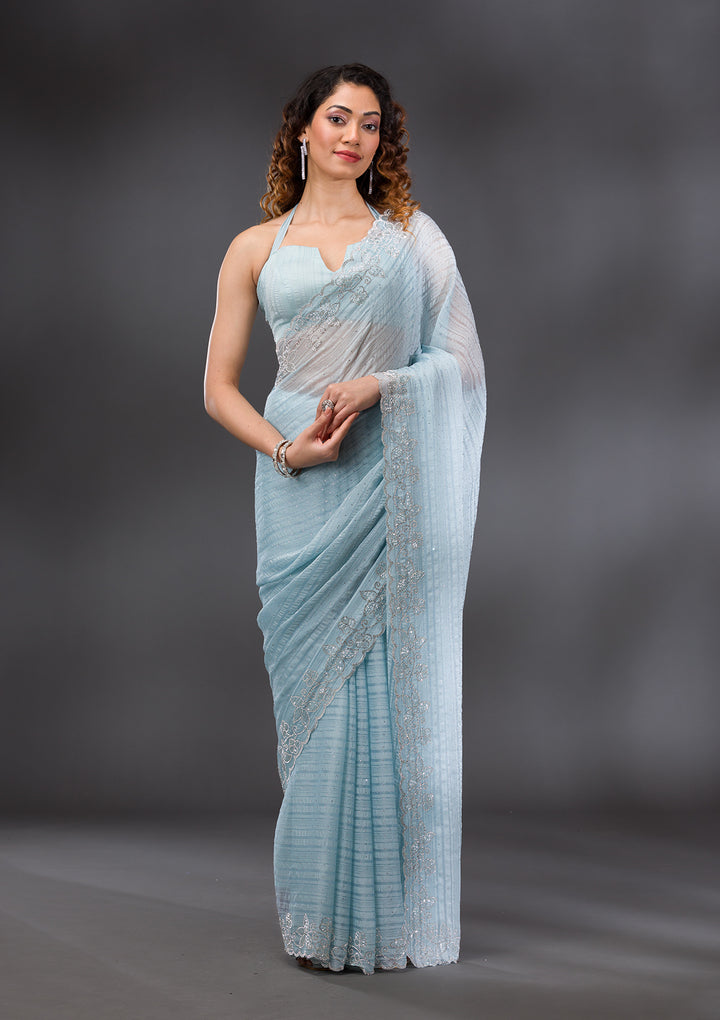 Sky Blue Chiffon Silver Stonework Saree With Matching Blouse Piece
