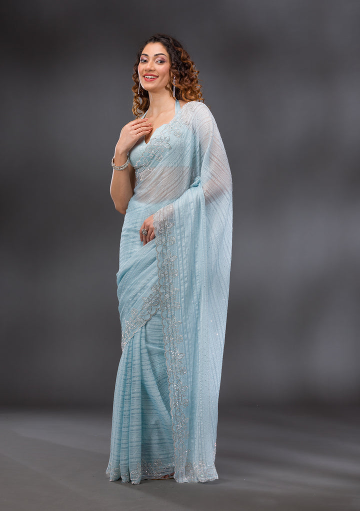 Sky Blue Chiffon Silver Stonework Saree With Matching Blouse Piece
