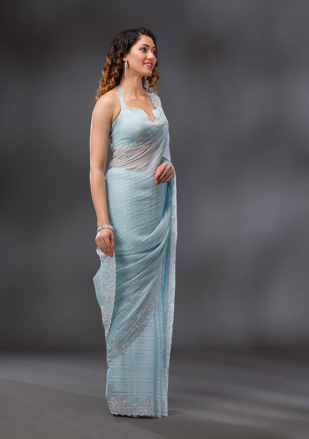 Sky Blue Chiffon Silver Stonework Saree With Matching Blouse Piece