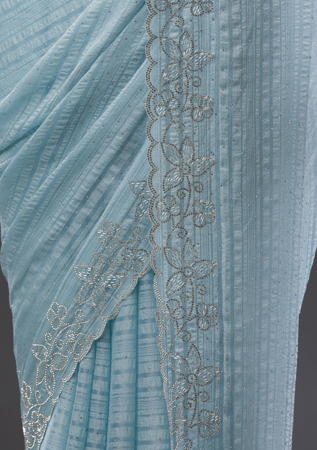Sky Blue Chiffon Silver Stonework Saree With Matching Blouse Piece
