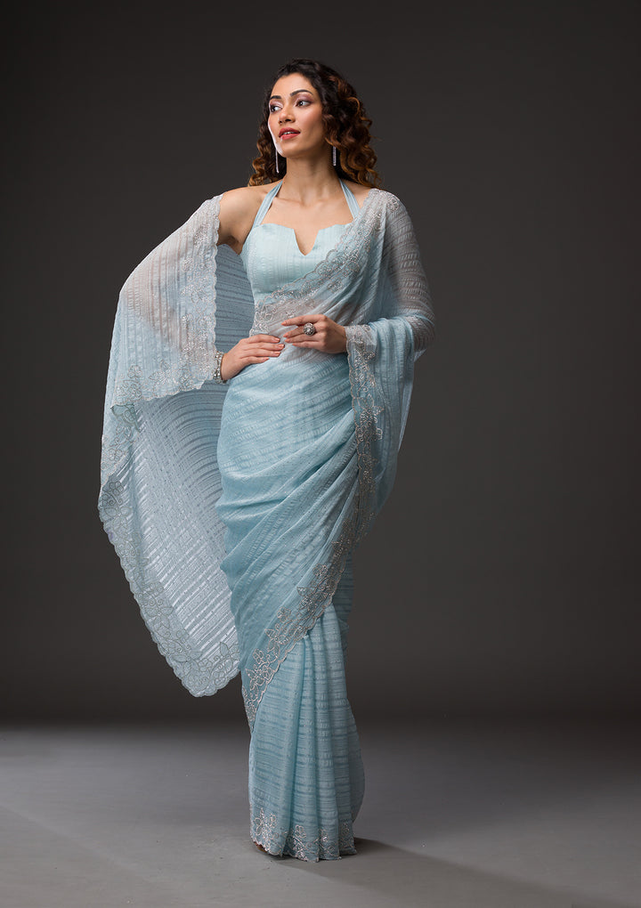 Sky Blue Chiffon Silver Stonework Saree With Matching Blouse Piece