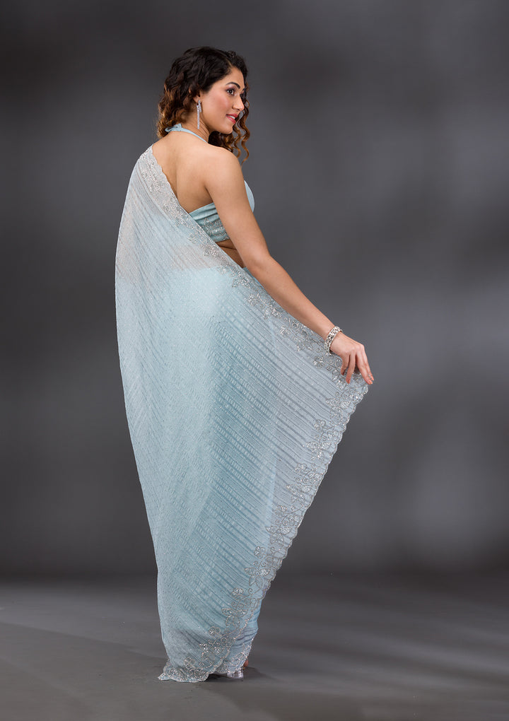 Sky Blue Chiffon Silver Stonework Saree With Matching Blouse Piece