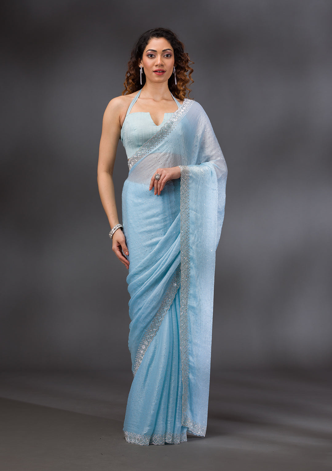 Sky Blue Organza Silver Stonework Saree With Matching Blouse Piece