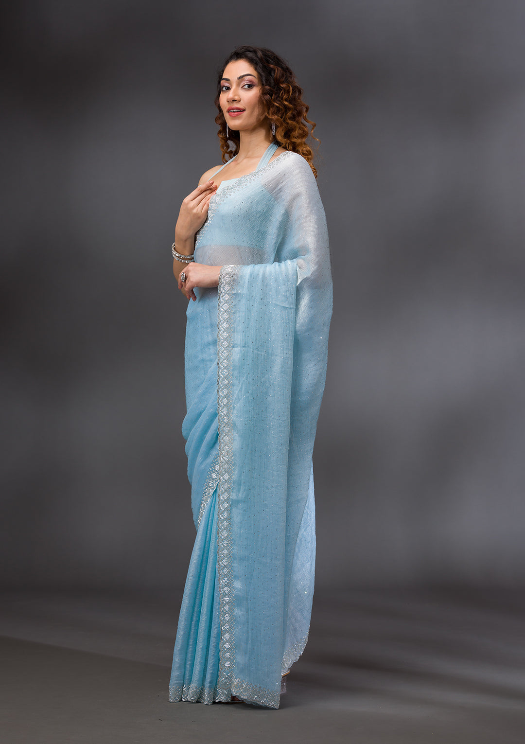 Sky Blue Organza Silver Stonework Saree With Matching Blouse Piece