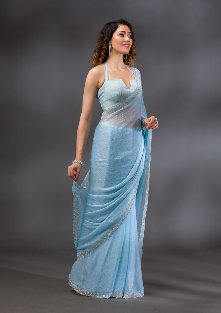 Sky Blue Organza Silver Stonework Saree With Matching Blouse Piece