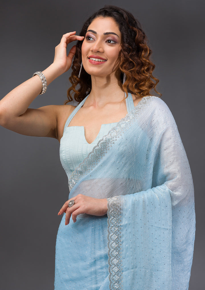 Sky Blue Organza Silver Stonework Saree With Matching Blouse Piece