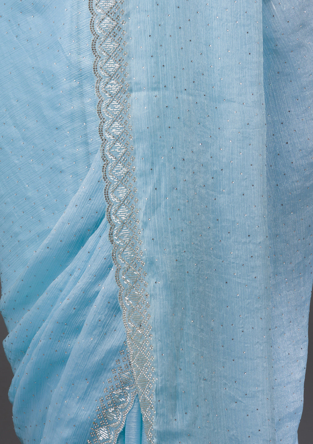 Sky Blue Organza Silver Stonework Saree With Matching Blouse Piece