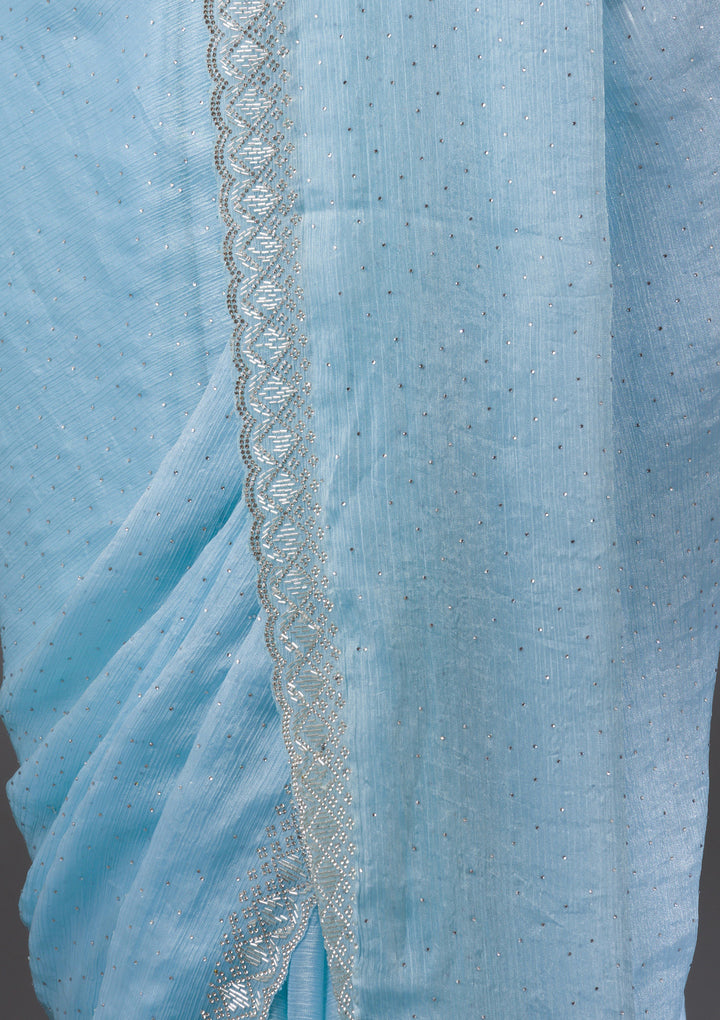 Sky Blue Organza Silver Stonework Saree With Matching Blouse Piece