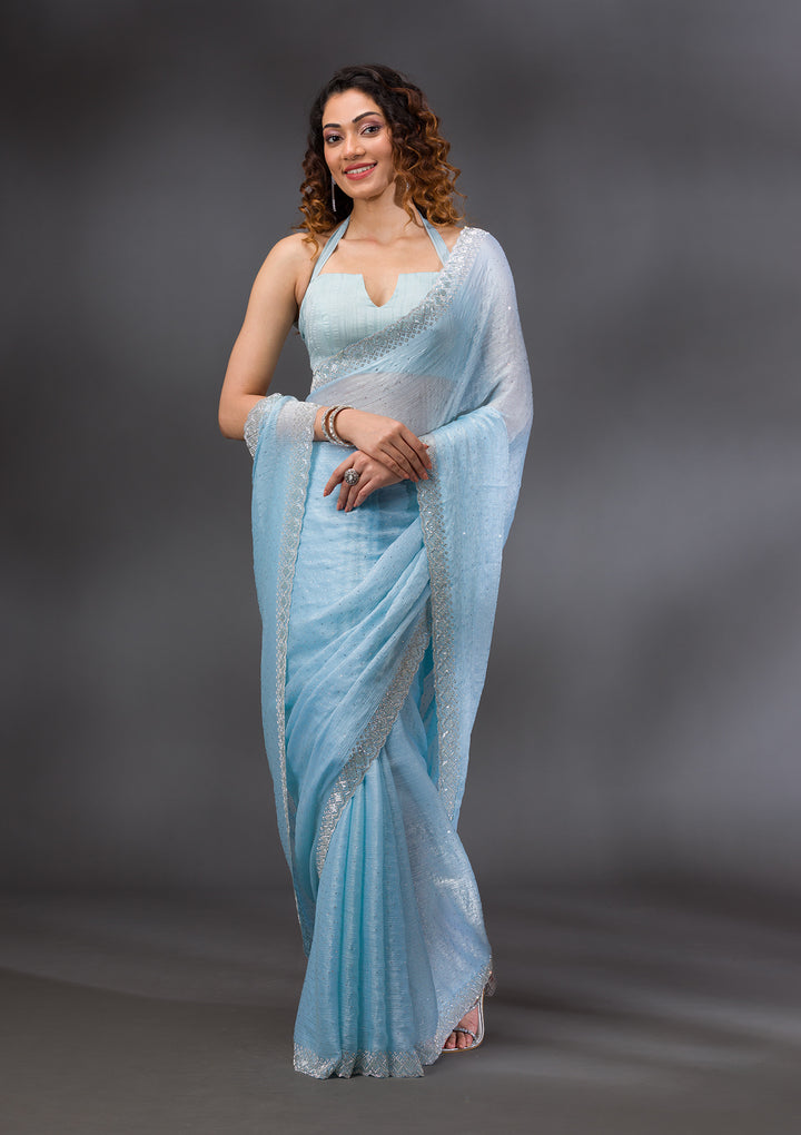 Sky Blue Organza Silver Stonework Saree With Matching Blouse Piece