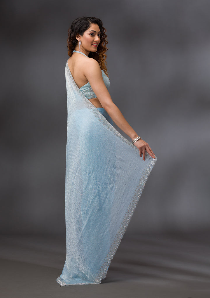 Sky Blue Organza Silver Stonework Saree With Matching Blouse Piece