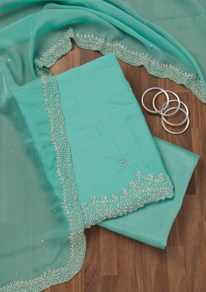 Sky Blue Tissue Silver Stonework Unstitched Dress Material With Matching Bottom And Dupatta