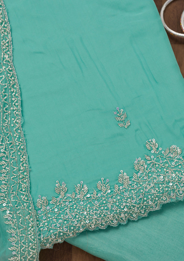 Sky Blue Tissue Silver Stonework Unstitched Dress Material With Matching Bottom And Dupatta