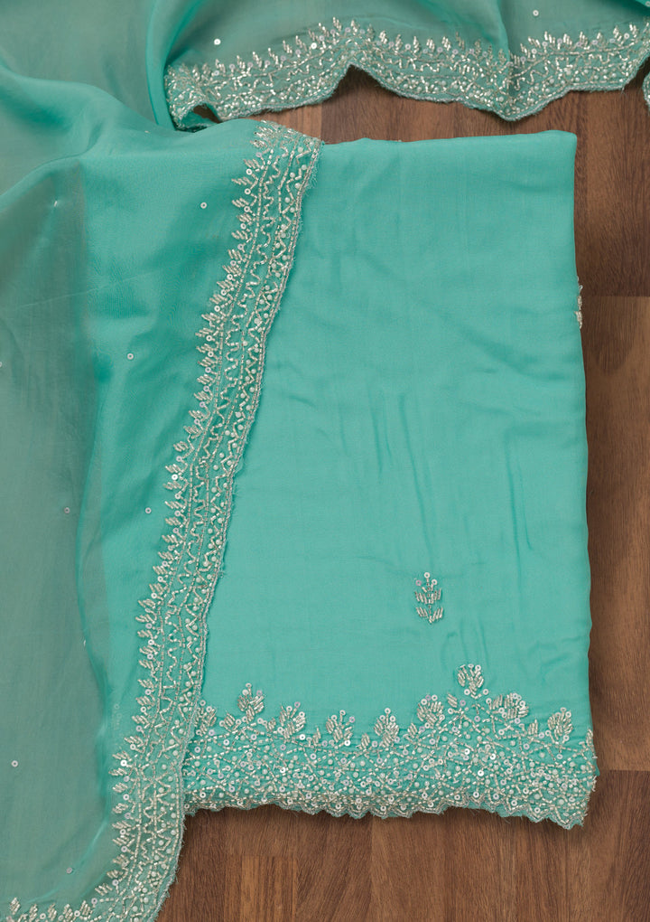 Sky Blue Tissue Silver Stonework Unstitched Dress Material With Matching Bottom And Dupatta