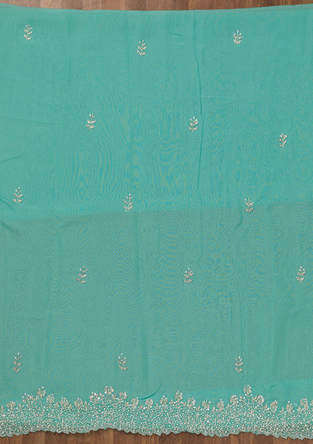 Sky Blue Tissue Silver Stonework Unstitched Dress Material With Matching Bottom And Dupatta