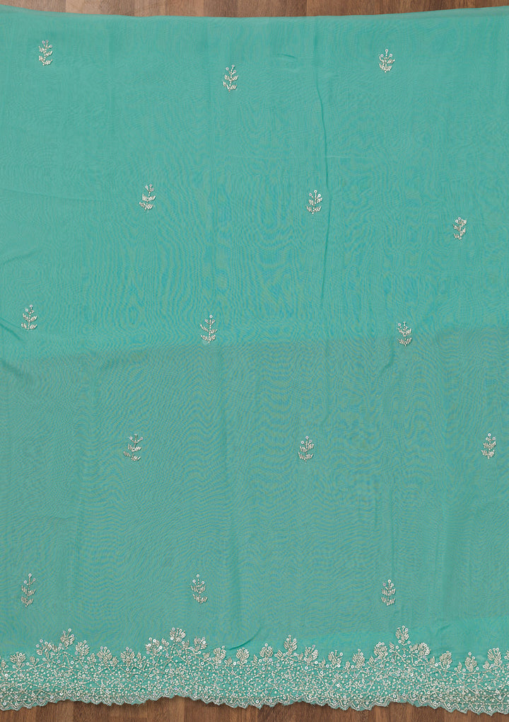 Sky Blue Tissue Silver Stonework Unstitched Dress Material With Matching Bottom And Dupatta