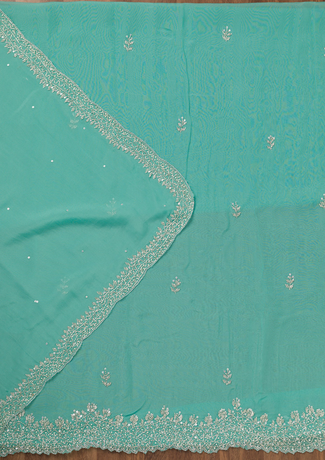 Sky Blue Tissue Silver Stonework Unstitched Dress Material With Matching Bottom And Dupatta
