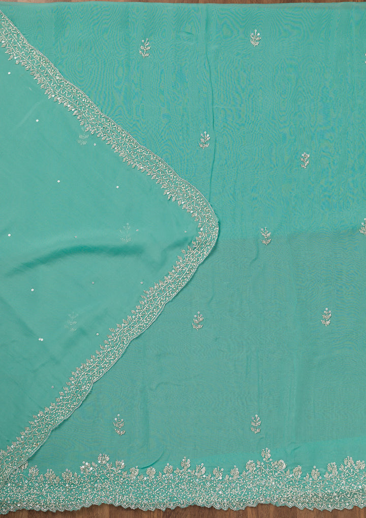 Sky Blue Tissue Silver Stonework Unstitched Dress Material With Matching Bottom And Dupatta