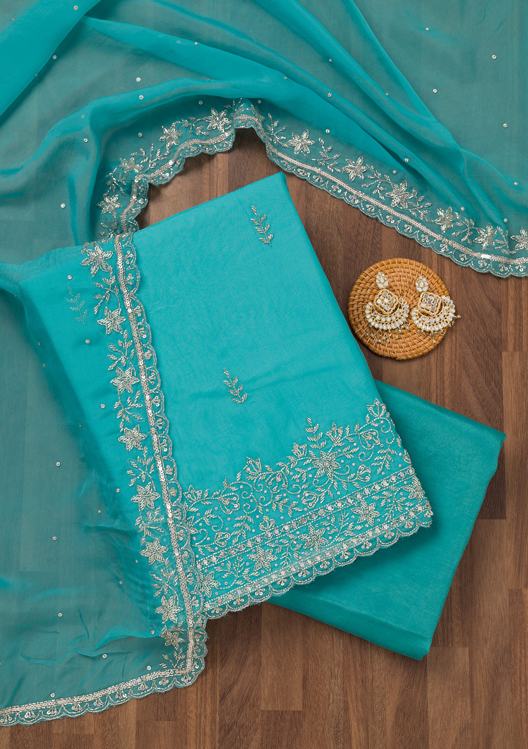 Sky Blue Tissue Gold Stonework Unstitched Dress Material With Matching Bottom And Dupatta