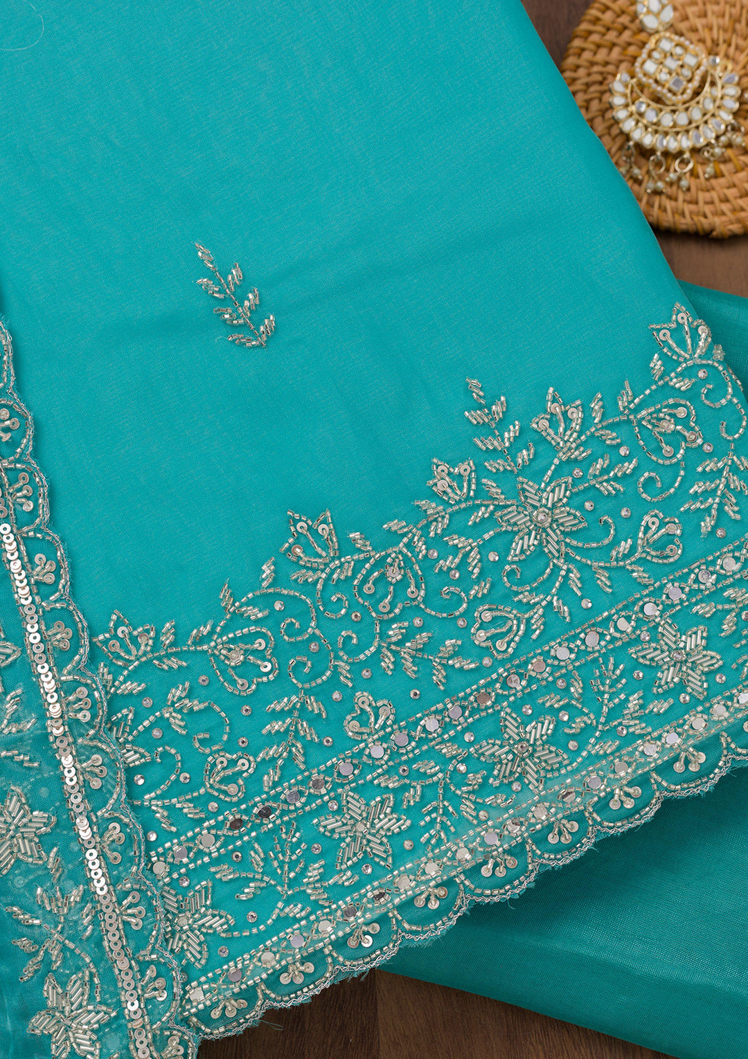 Sky Blue Tissue Gold Stonework Unstitched Dress Material With Matching Bottom And Dupatta