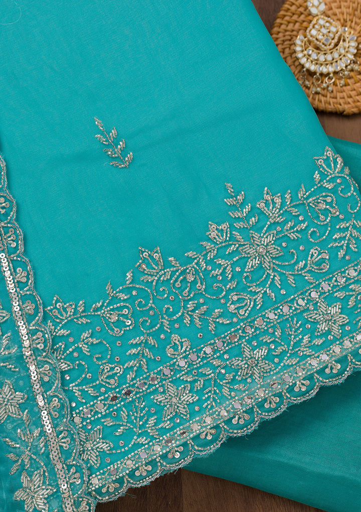 Sky Blue Tissue Gold Stonework Unstitched Dress Material With Matching Bottom And Dupatta