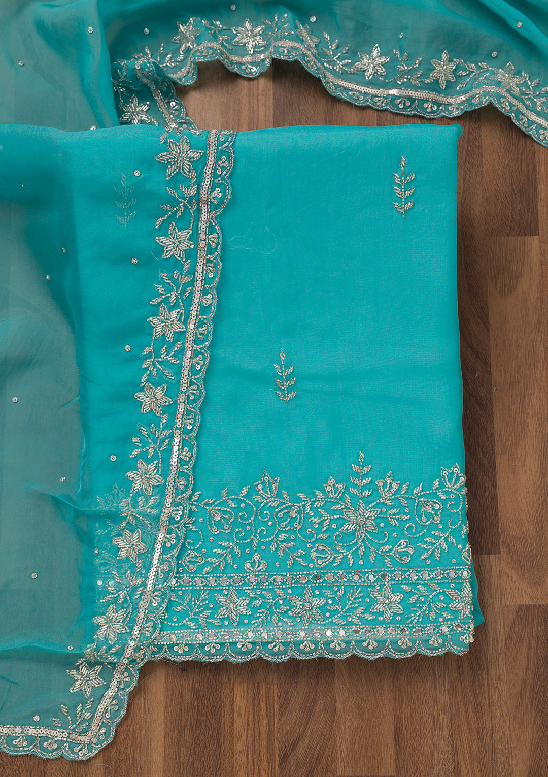 Sky Blue Tissue Gold Stonework Unstitched Dress Material With Matching Bottom And Dupatta
