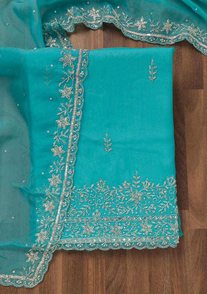 Sky Blue Tissue Gold Stonework Unstitched Dress Material With Matching Bottom And Dupatta