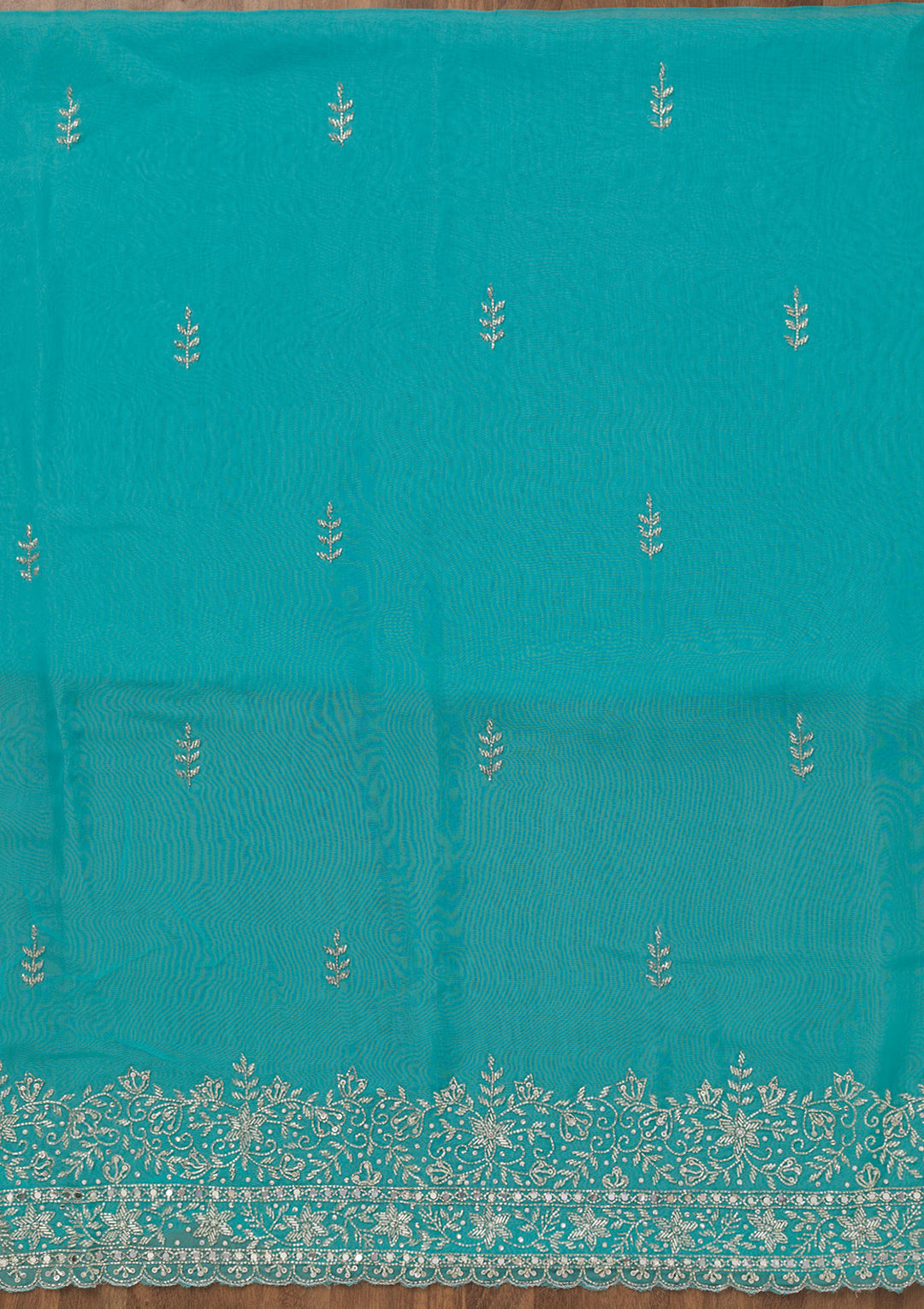 Sky Blue Tissue Gold Stonework Unstitched Dress Material With Matching Bottom And Dupatta