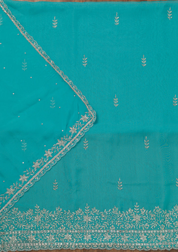 Sky Blue Tissue Gold Stonework Unstitched Dress Material With Matching Bottom And Dupatta