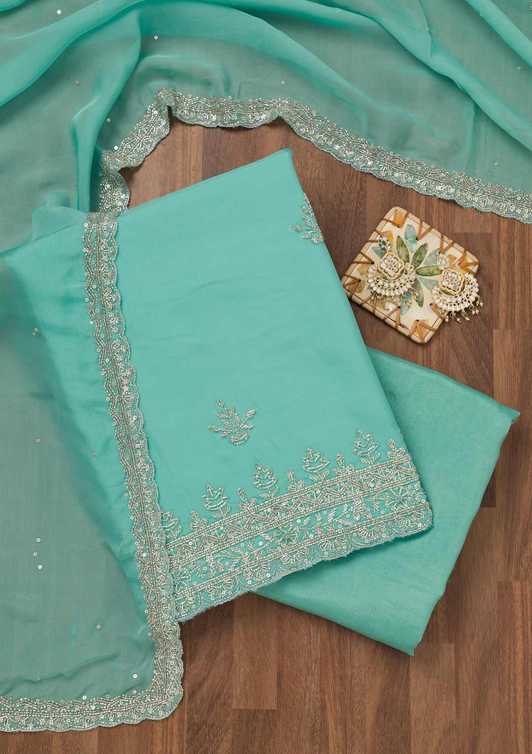 Sky Blue Tissue Silver Stonework Unstitched Dress Material With Matching Bottom And Dupatta