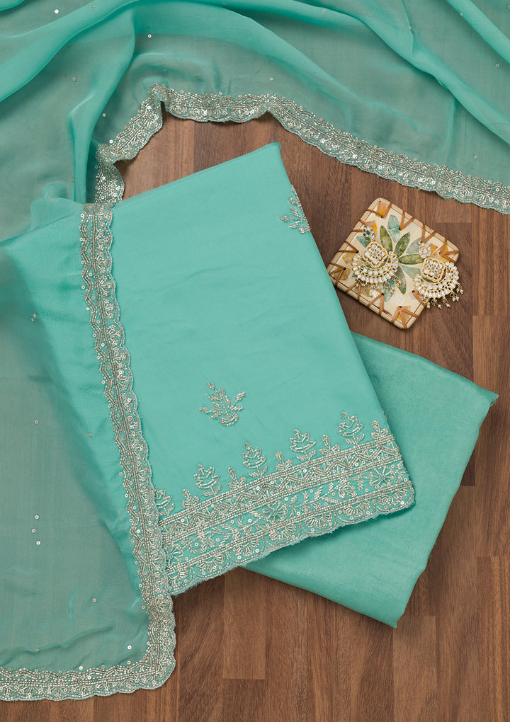 Sky Blue Tissue Silver Stonework Unstitched Dress Material With Matching Bottom And Dupatta