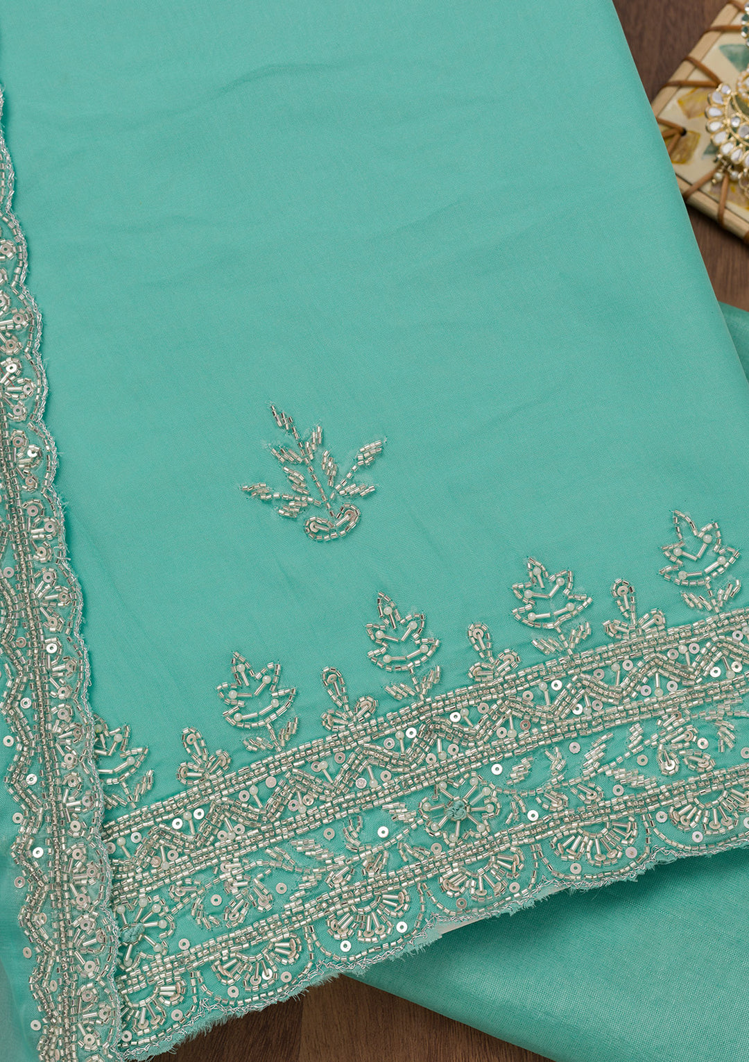 Sky Blue Tissue Silver Stonework Unstitched Dress Material With Matching Bottom And Dupatta