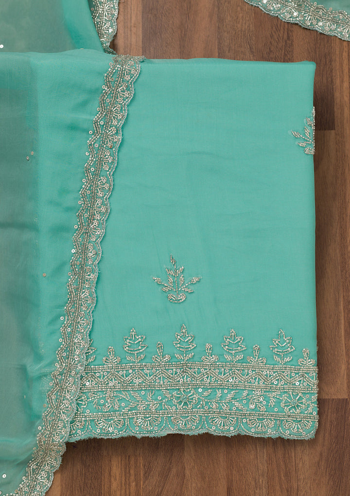 Sky Blue Tissue Silver Stonework Unstitched Dress Material With Matching Bottom And Dupatta