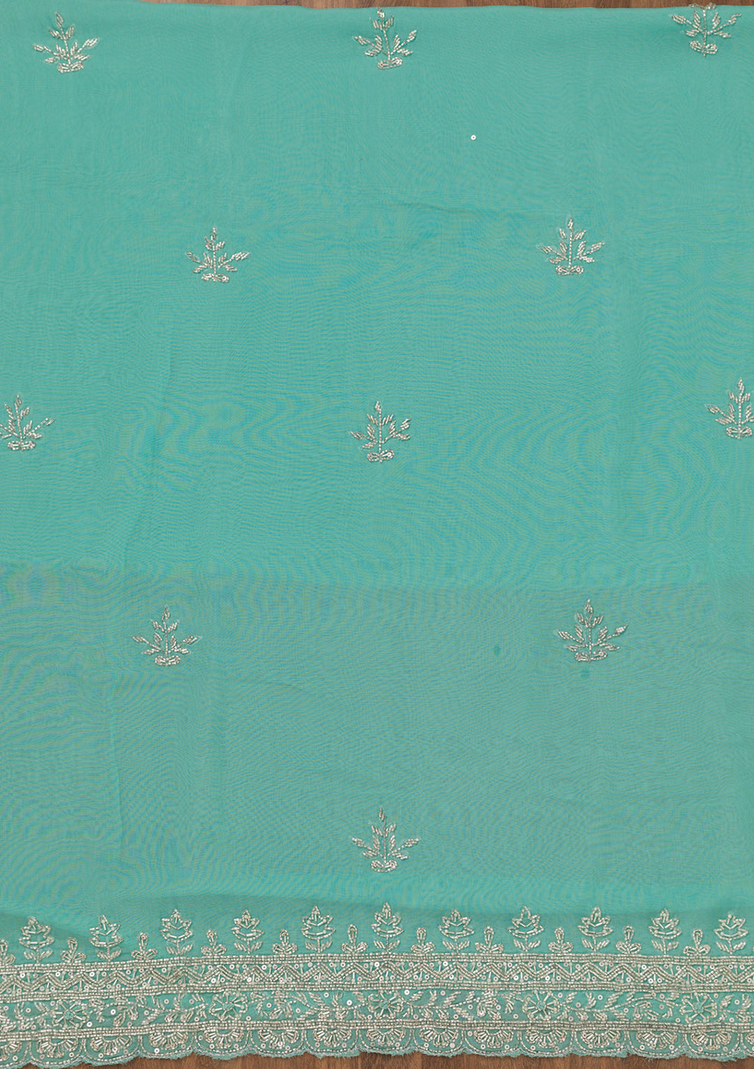 Sky Blue Tissue Silver Stonework Unstitched Dress Material With Matching Bottom And Dupatta