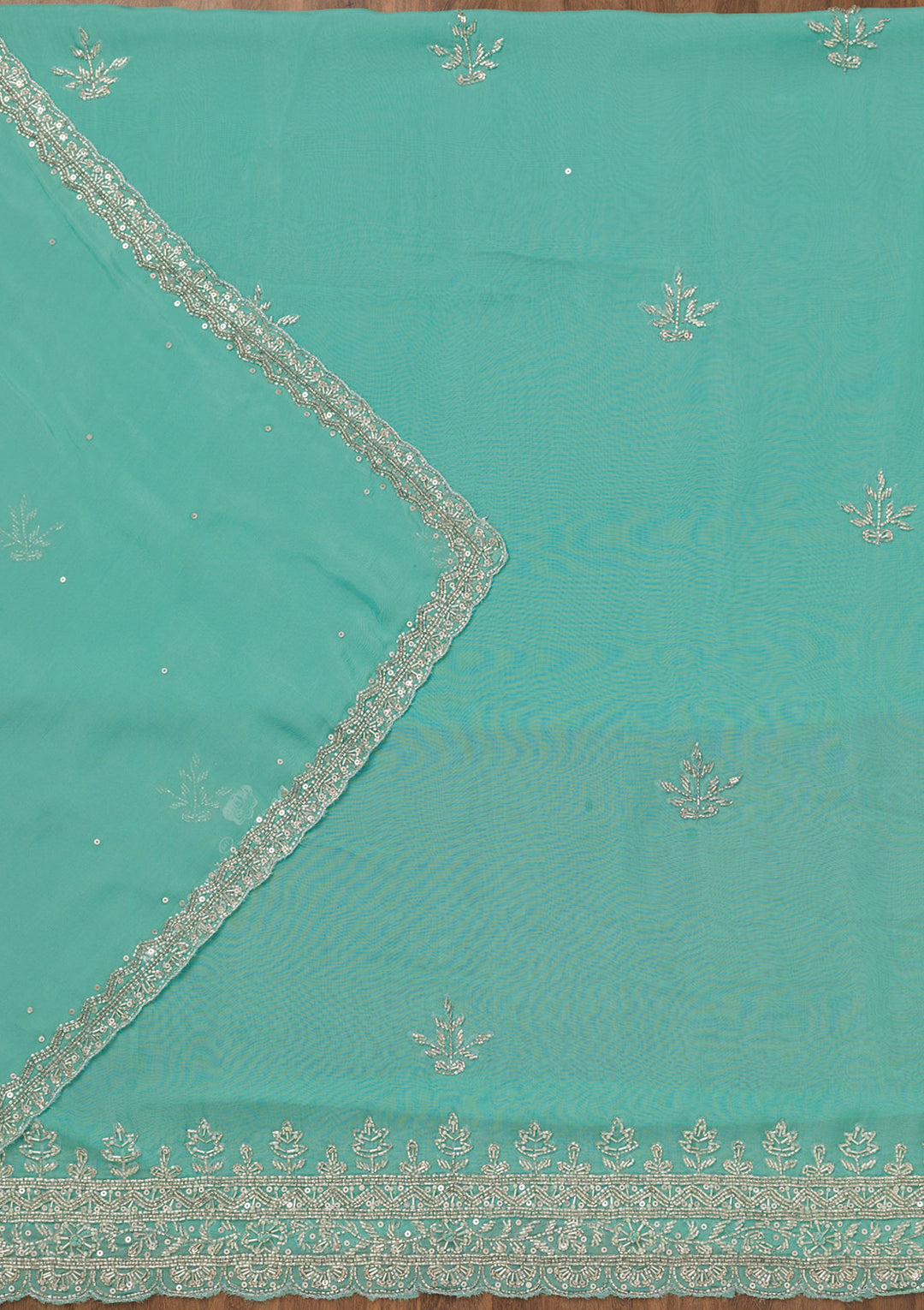 Sky Blue Tissue Silver Stonework Unstitched Dress Material With Matching Bottom And Dupatta