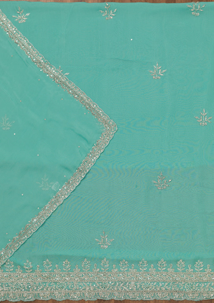Sky Blue Tissue Silver Stonework Unstitched Dress Material With Matching Bottom And Dupatta