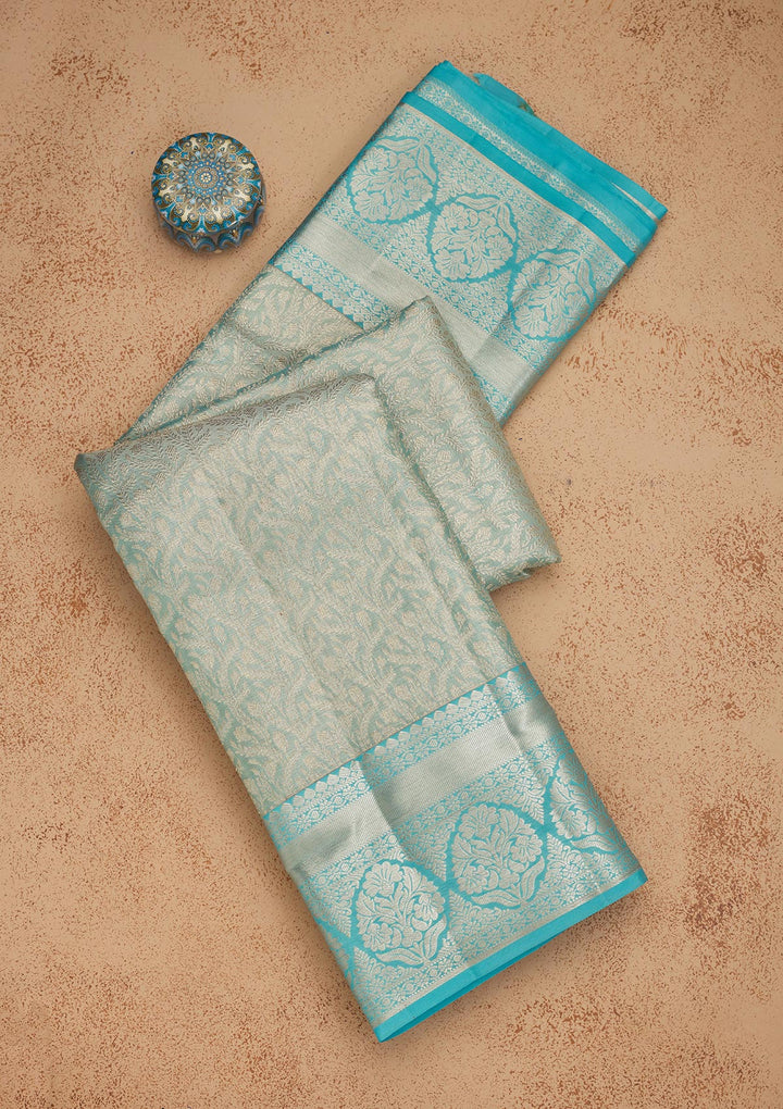 Sky Blue Silk Jaal Gold Zariwork Saree With Matching Blouse Piece