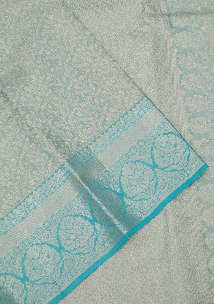 Sky Blue Silk Jaal Gold Zariwork Saree With Matching Blouse Piece
