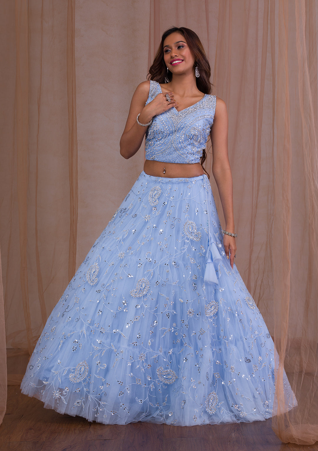 Gotapatti Sky Blue Net Stitched Lehenga Blouse With Dupatta