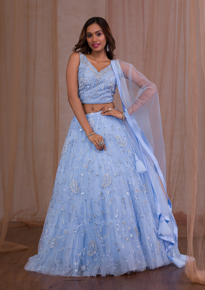 Gotapatti Sky Blue Net Stitched Lehenga Blouse With Dupatta