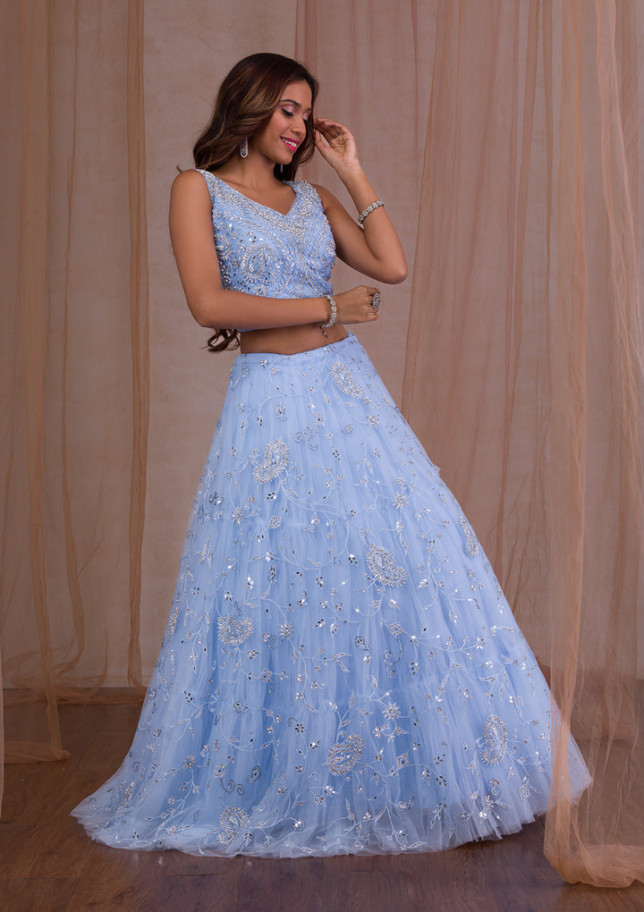 Gotapatti Sky Blue Net Stitched Lehenga Blouse With Dupatta
