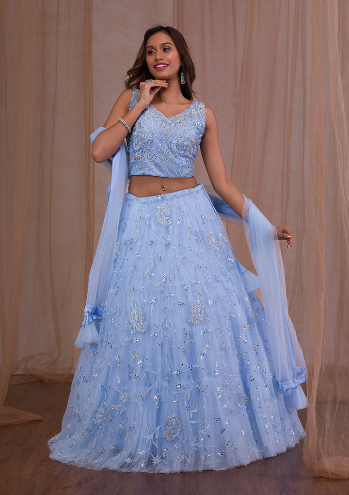 Gotapatti Sky Blue Net Stitched Lehenga Blouse With Dupatta