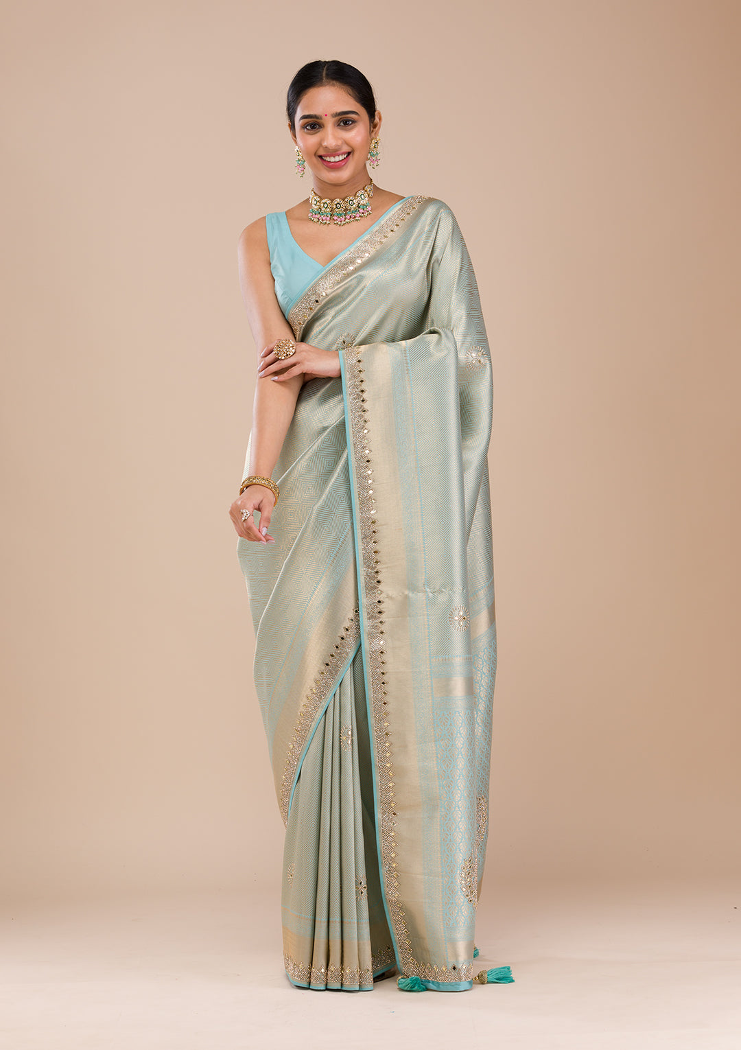 Sky Blue Mirrorwork Silk Saree