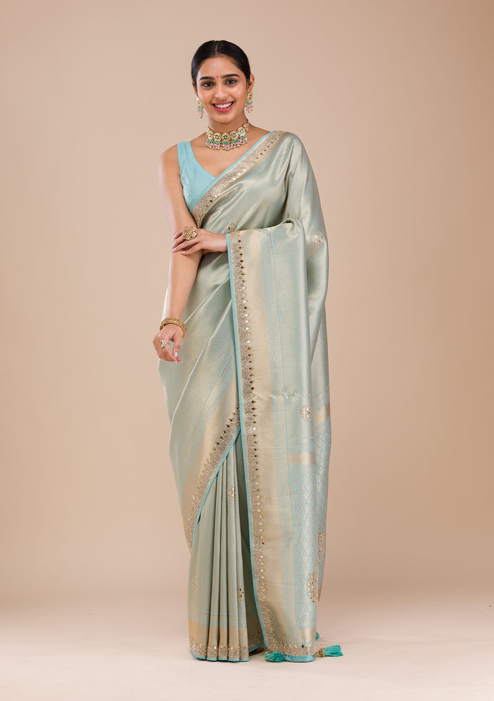 Sky Blue Mirrorwork Silk Saree