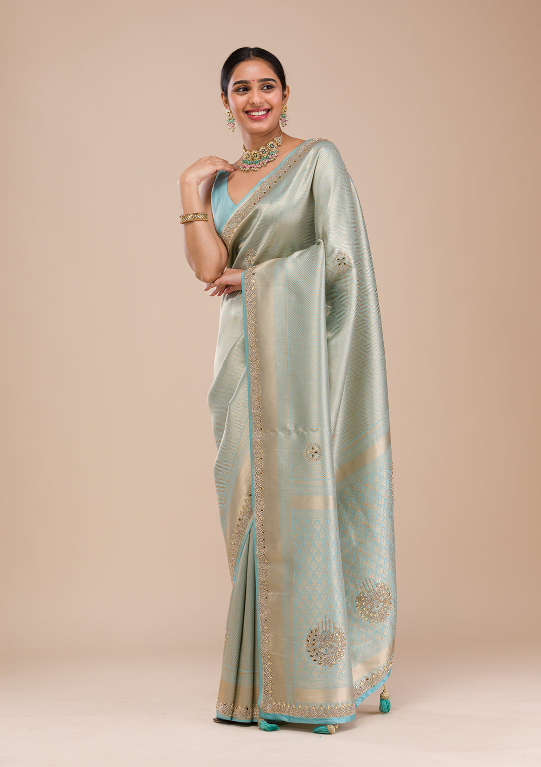 Sky Blue Mirrorwork Silk Saree
